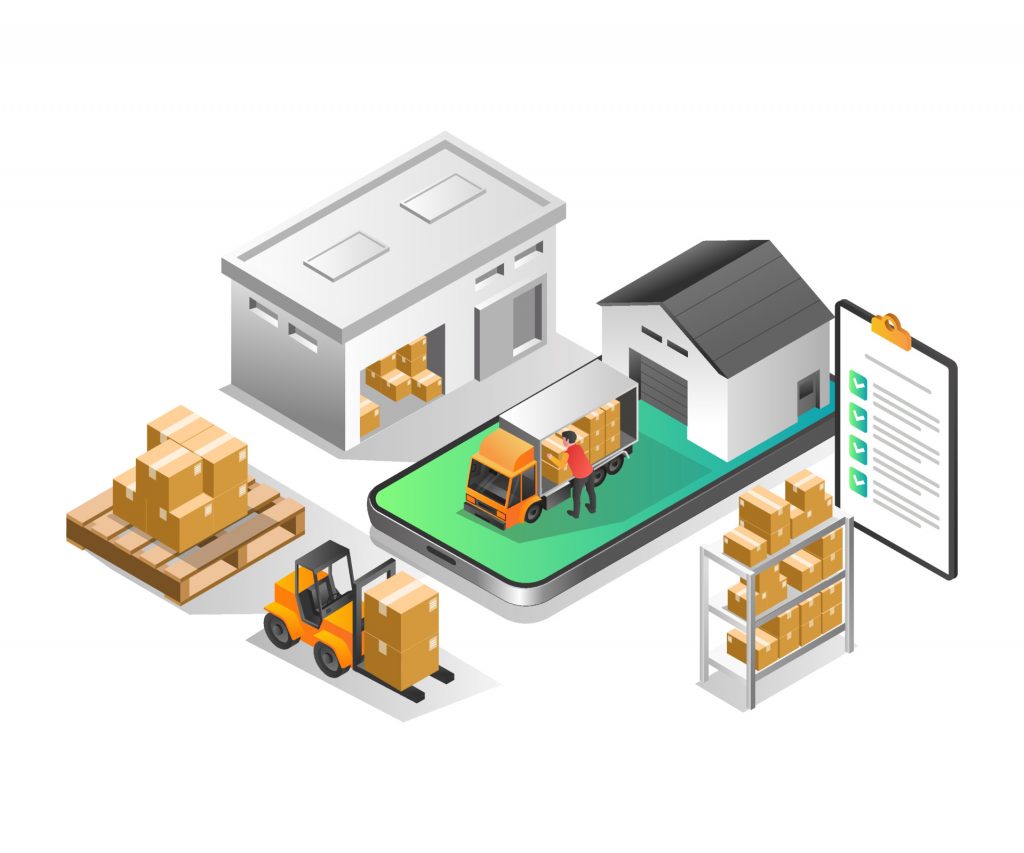 Isometric illustration concept. Expedition warehouse application delivering goods